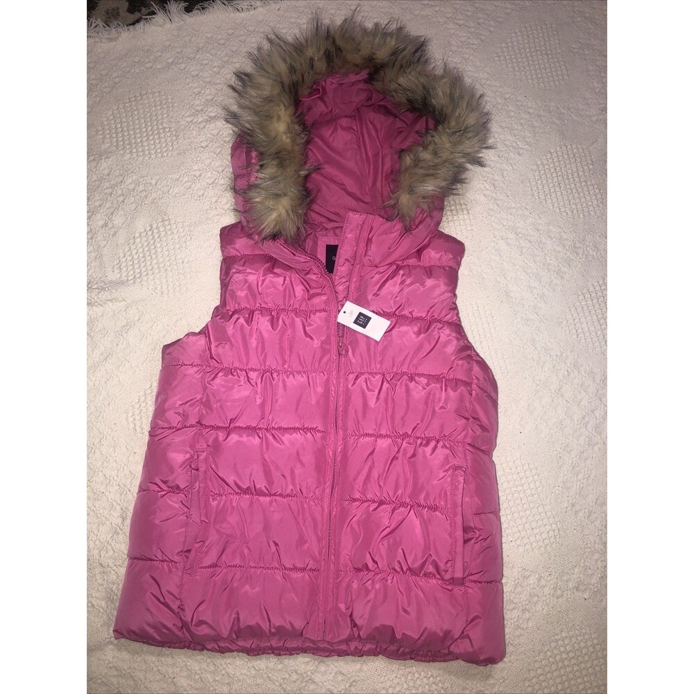 Gap Kids Hooded Puffer Vest Faux Fur Trim (removable) Size XL (12) Dark Pink NWT